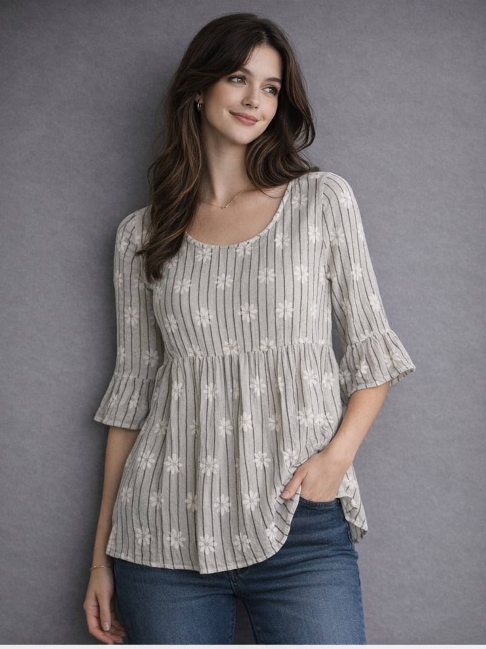 Zara Cream Babydoll top with Black Pinstripes and Floral Detail